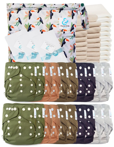 Pack complet couches lavables TE2 certifiées Oeko Tex® + 20 inserts en coton + 10 inserts bambou + sac + voiles de protection