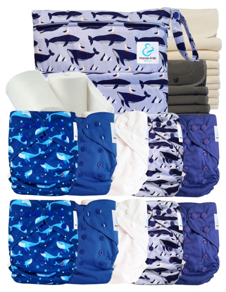 Pack complet couches lavables TE2 + 10 inserts bambou + 10 inserts charcoal + sac imperméable + voiles de protection