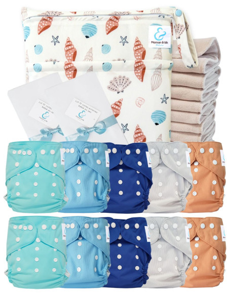Pack complet couches lavables TE1 Sensitive + 10 inserts en coton + sac imperméable + voiles de protection