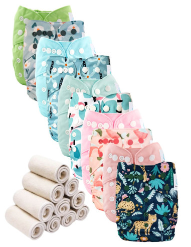 Lot de 10 de Couches lavables te1 évolutives et inserts tons roses