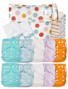 Pack complet couches lavables TE2 certifiées Oeko Tex® + 10 inserts en coton + sac imperméable + voiles de protection