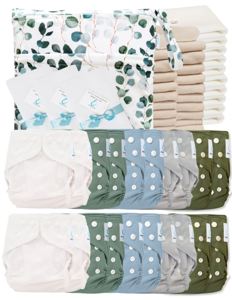 Complete Pack Washable diapers Te3 Certified Oeko Tex® + 20 Cotton Inserts + 10 Bamboo Inserts + Bag + Protective Sails