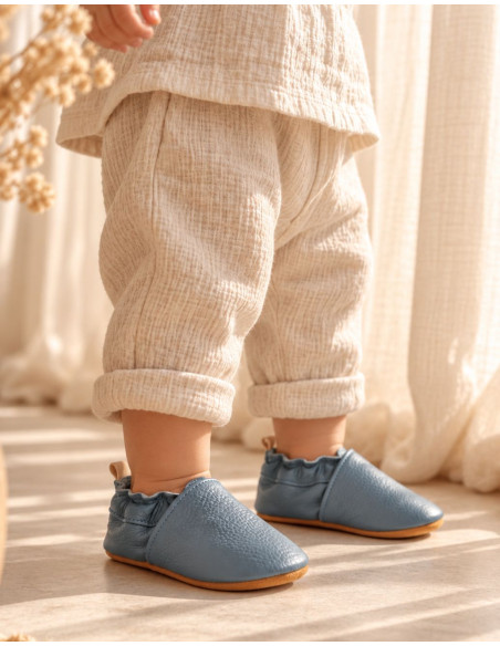 Chausson bébé en cuir - Bleu Mineral | Maman & Bébé Nature