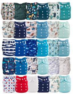 Set de 30 pañales de tela ajustables con estampado + 30 insertos