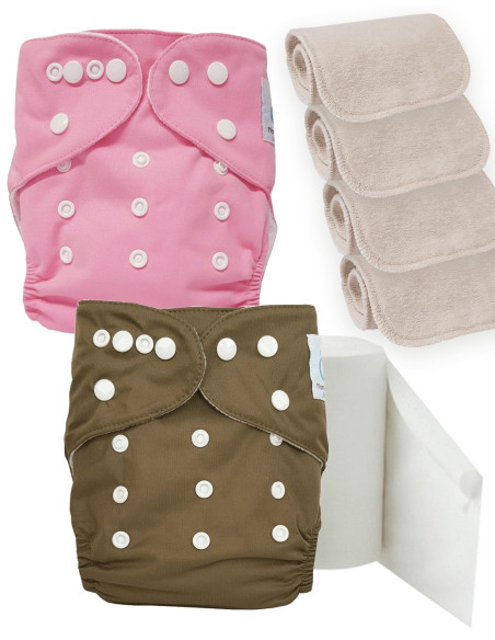 Pack découverte couches lavables TE1 certifiées Oeko Tex® + 4 inserts en coton + voiles de protection