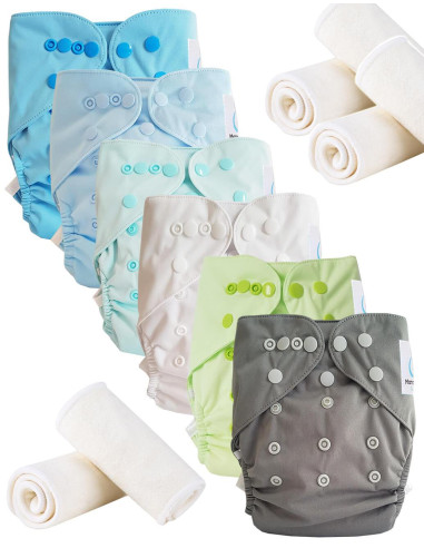 Lot 6 couches lavables tout en deux Te2 à doubles goussets + 6 inserts en microfibre