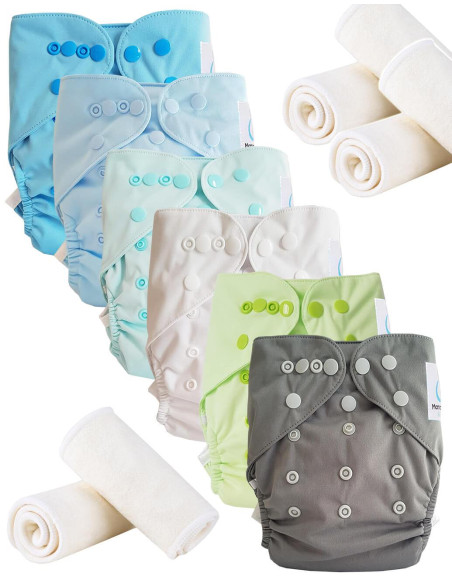 Lot 6 couches lavables tout en deux Te2 à doubles goussets + 6 inserts en microfibre