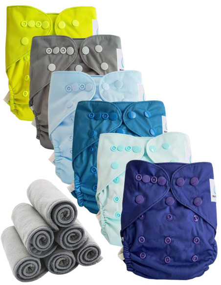 Lot 6 couches lavables tout en deux Te2 à doubles goussets + 6 inserts en bambou