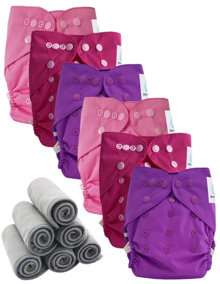 Lot 6 couches lavables tout en deux Te2 à doubles goussets + 6 inserts en bambou