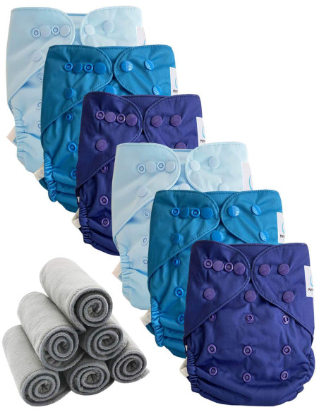 Lot 6 couches lavables tout en deux Te2 à doubles goussets + 6 inserts en bambou