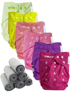 Lot 6 couches lavables tout en deux Te2 à doubles goussets + 6 inserts en bambou