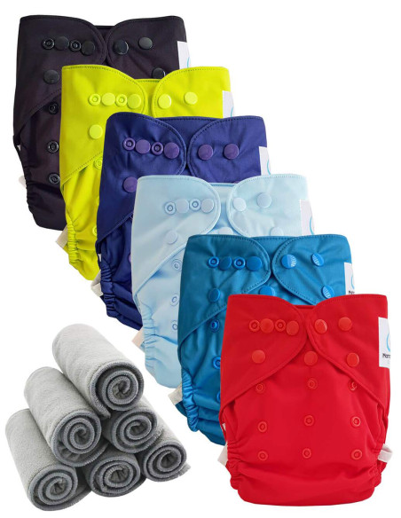 Lot 6 couches lavables tout en deux Te2 à doubles goussets + 6 inserts en bambou