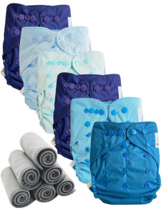 Lot 6 couches lavables tout en deux Te2 à doubles goussets + 6 inserts en bambou