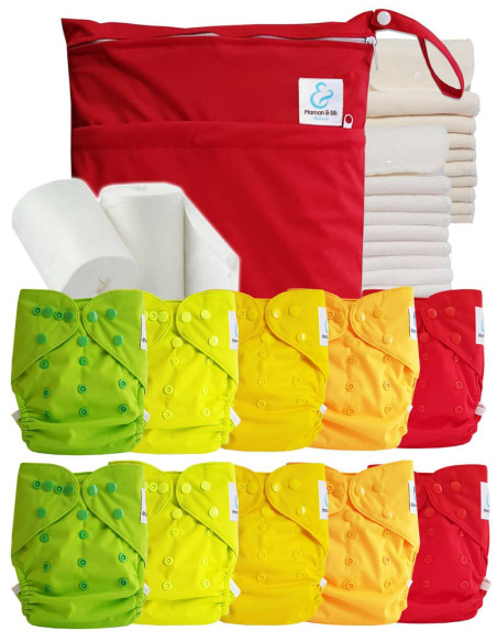 Pack complet couches lavables TE2 + 10 inserts bambou + 10 inserts microfibre + sac imperméable + voiles de protection