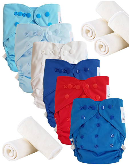 Lot 6 couches lavables tout en deux Te2 à doubles goussets + 6 inserts en microfibre