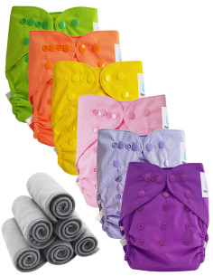 Lot 6 couches lavables tout en deux Te2 à doubles goussets + 6 inserts en bambou