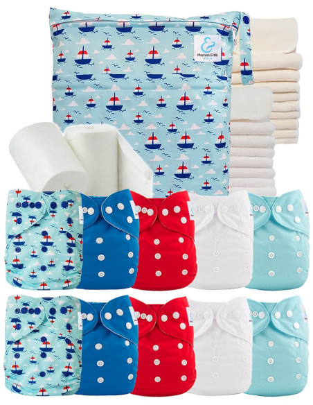 Pack complet tons bleus 10 couches lavables inserts sac imperméable