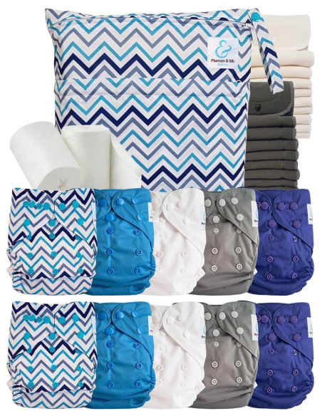 Pack complet couches lavables TE2 + 10 inserts bambou + 10 inserts charcoal + sac imperméable + voiles de protection