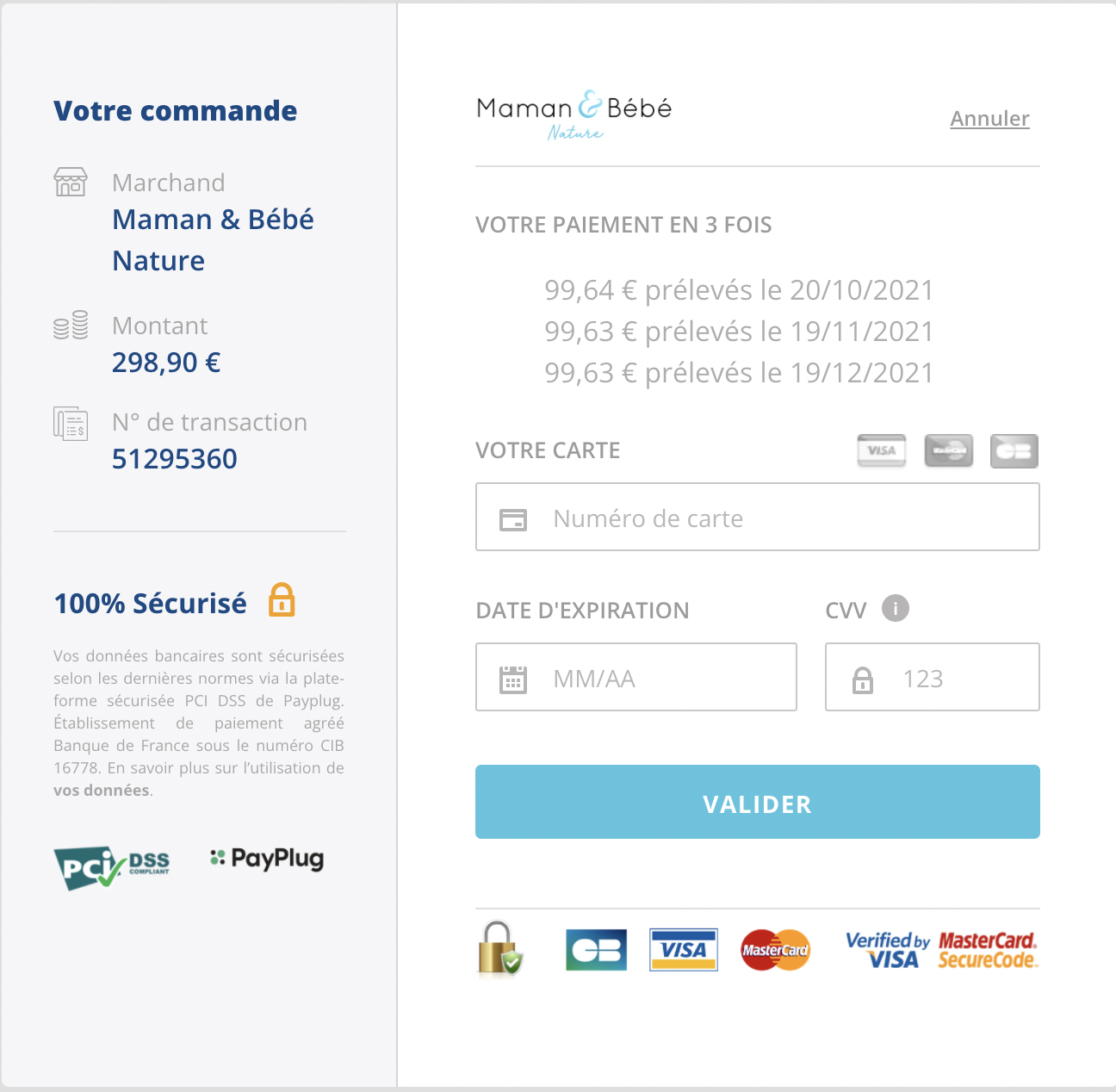 Paiement 3 fois Payplug