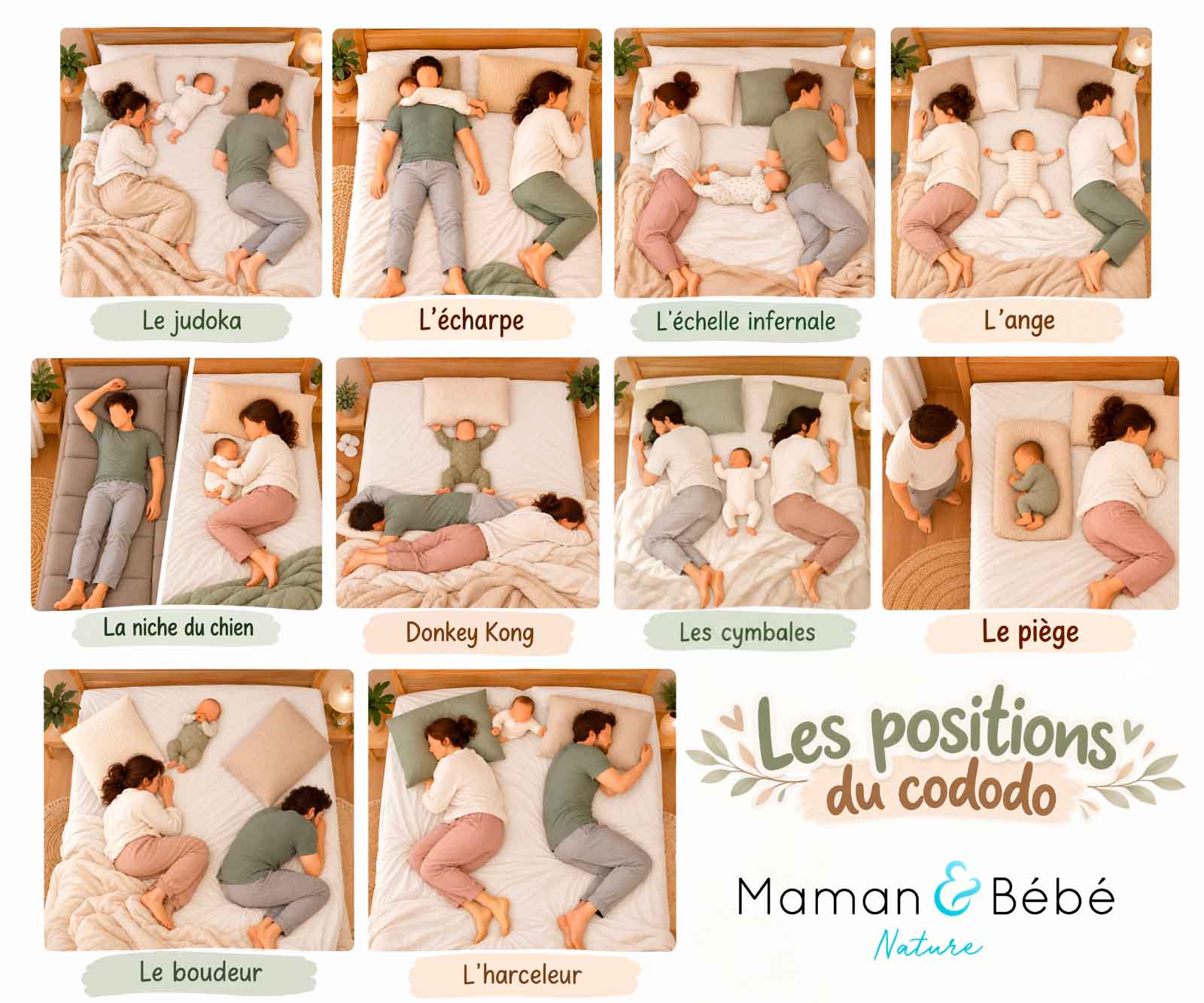 Infographie Maman et Bébé Nature présentant onze positions humoristiques du cododo avec bébé : le judoka, l'écharpe, l'échelle infernale, l'ange, la niche du chien, Donkey Kong, les cymbales, le piège, le boudeur et l'harceleur